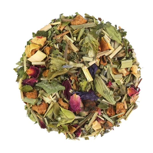 Close-up of loose-leaf Joy of Spring Herbal Tea, displaying the dried ingredients and natural texture of the blend.