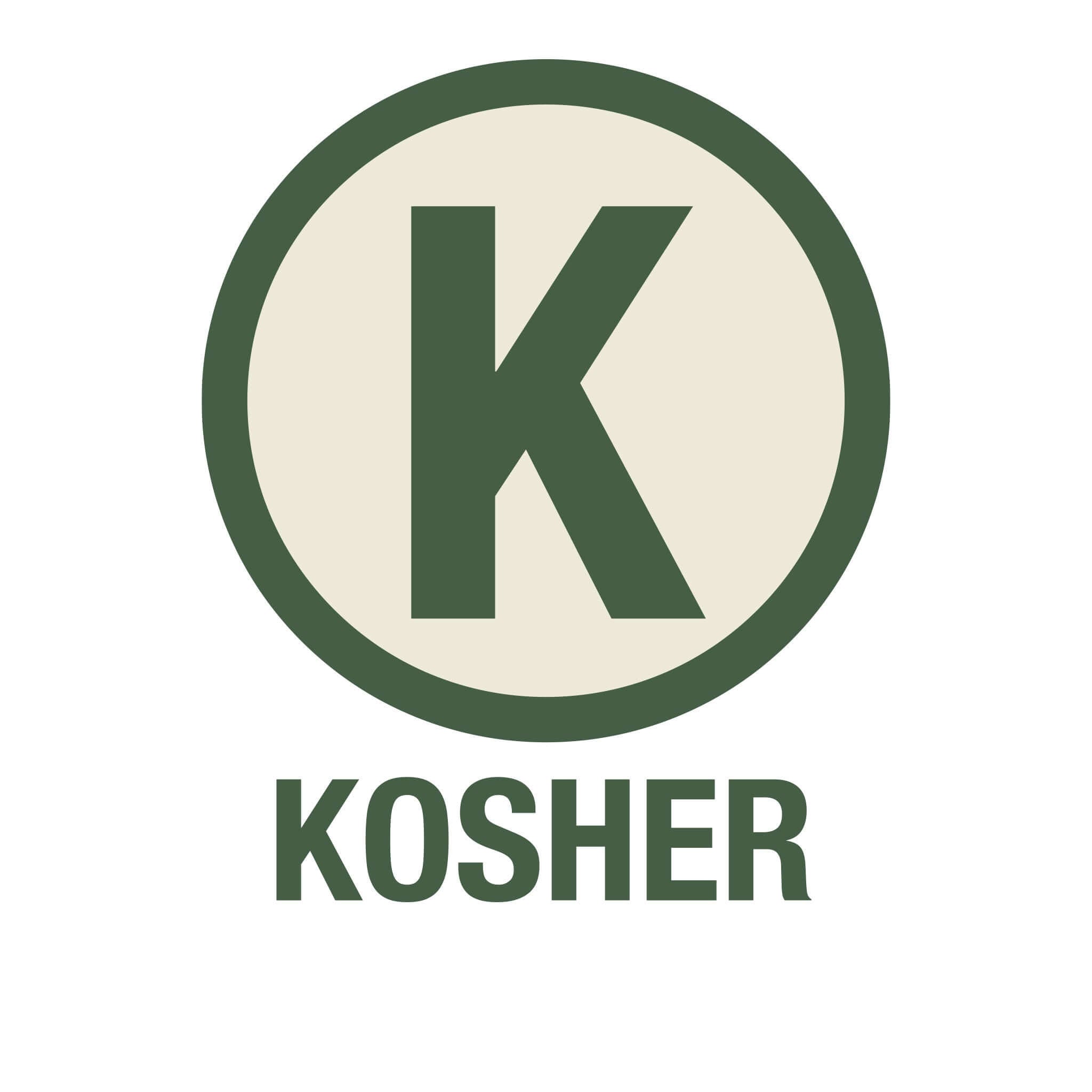 Kosher certification logo with a green 'K' on a white background