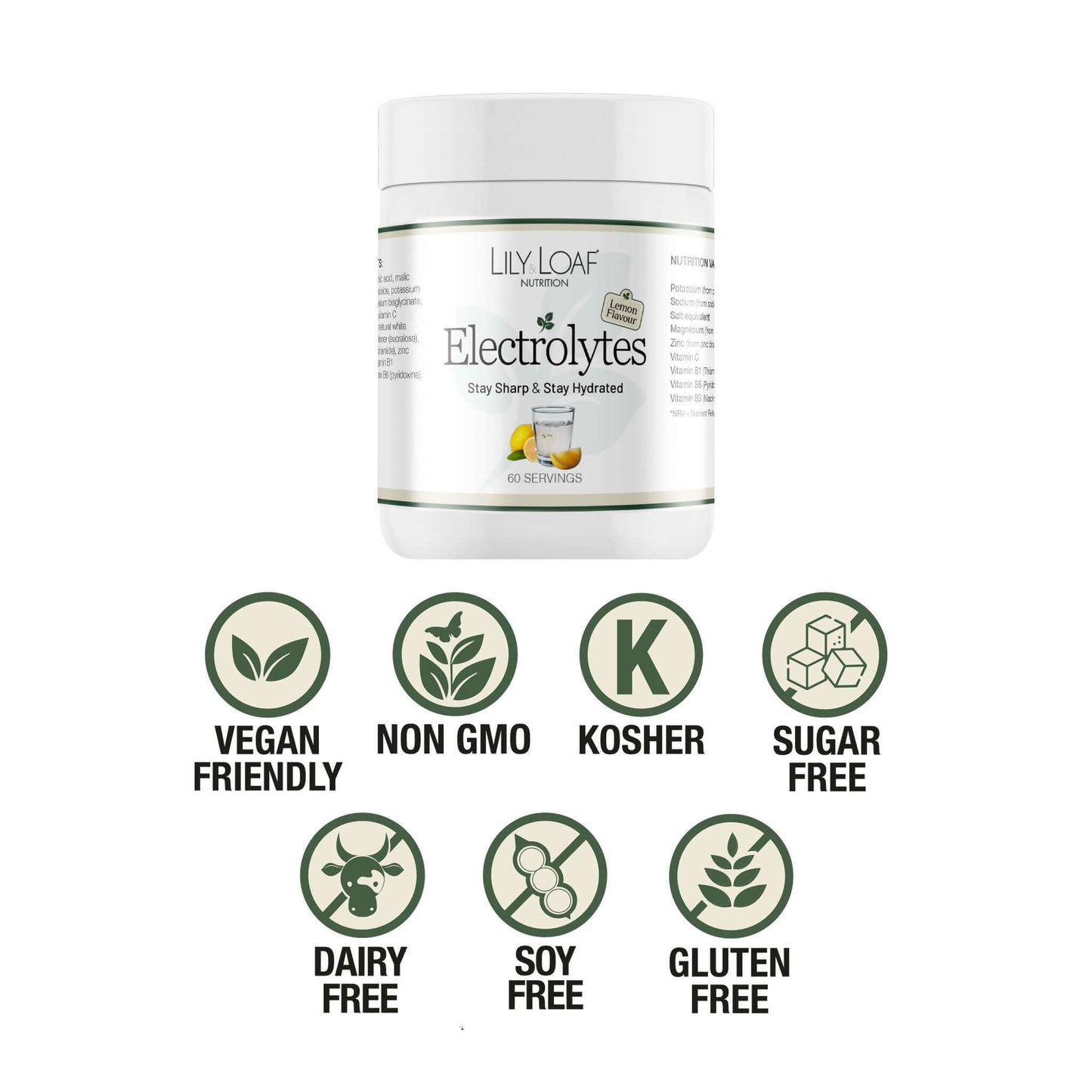 Lily & Loaf Electrolytes supplement tub with icons showing vegan friendly, non-GMO, kosher, sugar free, dairy free, soy free, and gluten free.