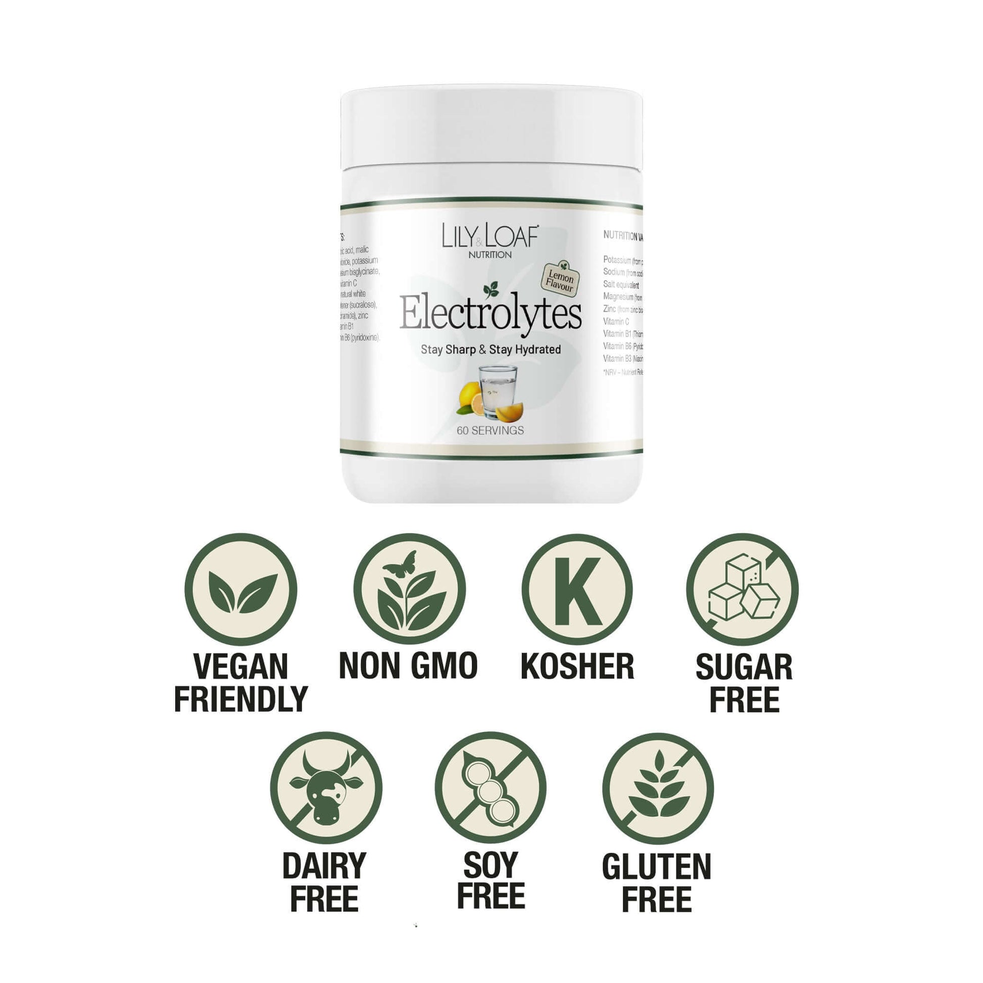 Lily & Loaf Electrolytes supplement tub with icons showing vegan friendly, non-GMO, kosher, sugar free, dairy free, soy free, and gluten free.