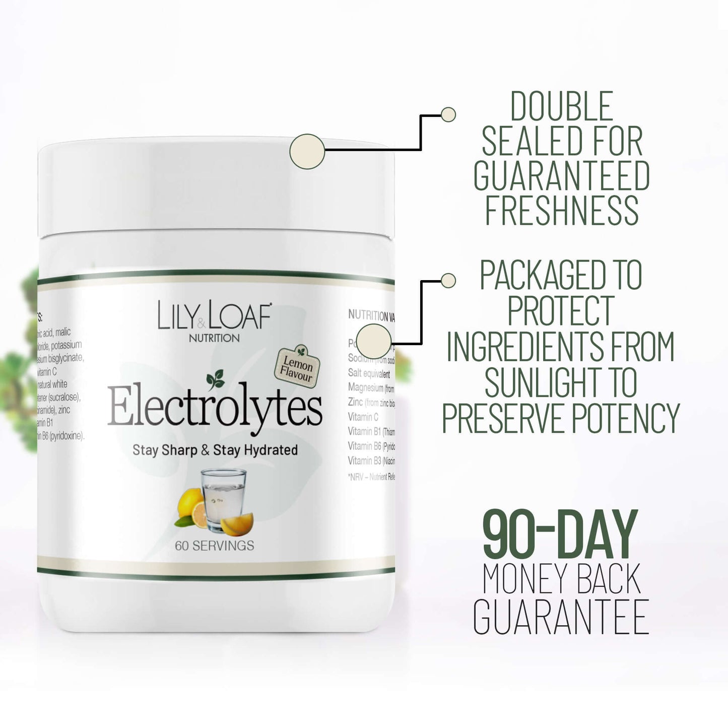 Lily Loaf Nutrition Electrolytes container with product details on a white background