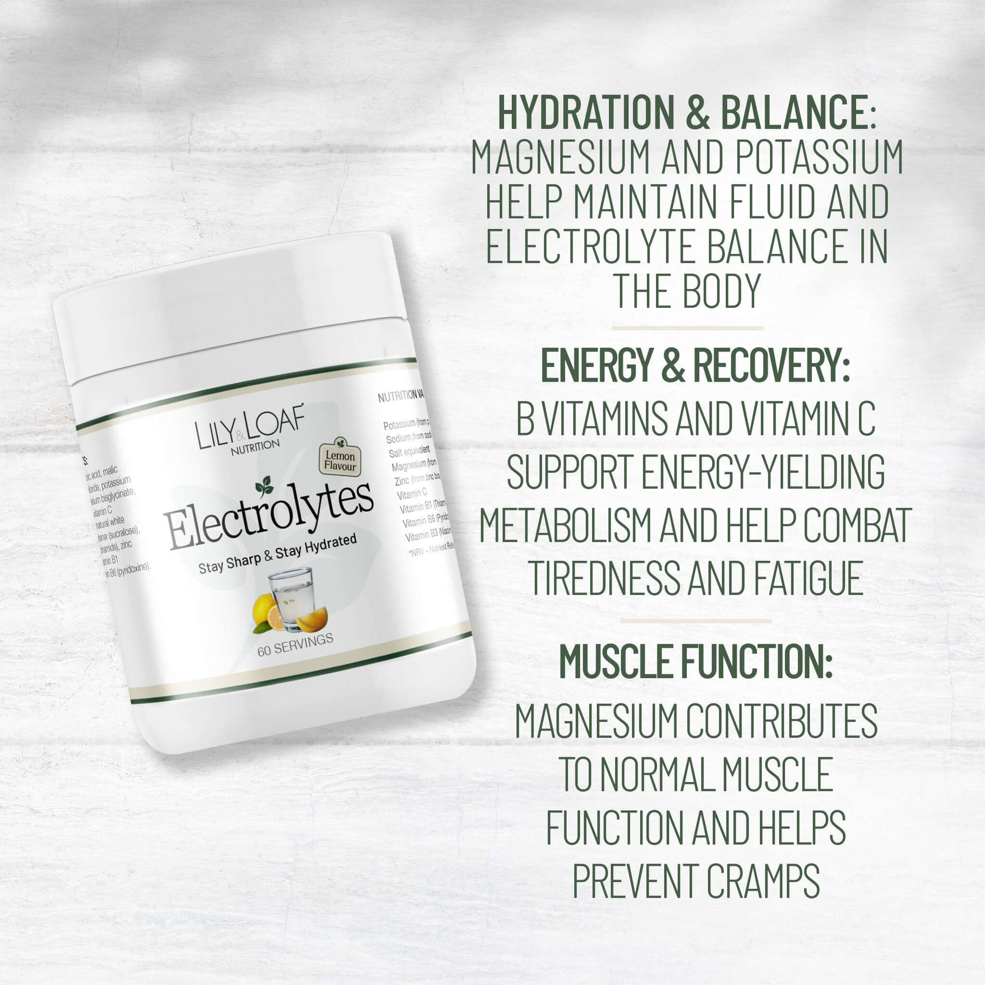 Lily & Loaf Electrolytes lemon flavour tub with text highlighting hydration, energy recovery, and muscle function benefits