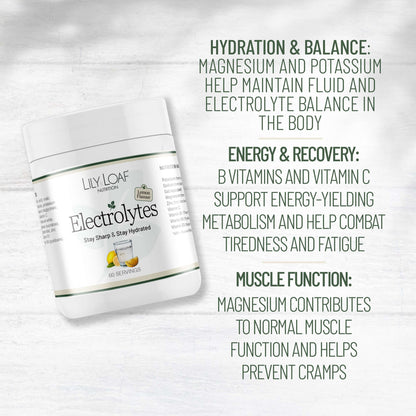 Lily & Loaf Electrolytes lemon flavour tub with text highlighting hydration, energy recovery, and muscle function benefits