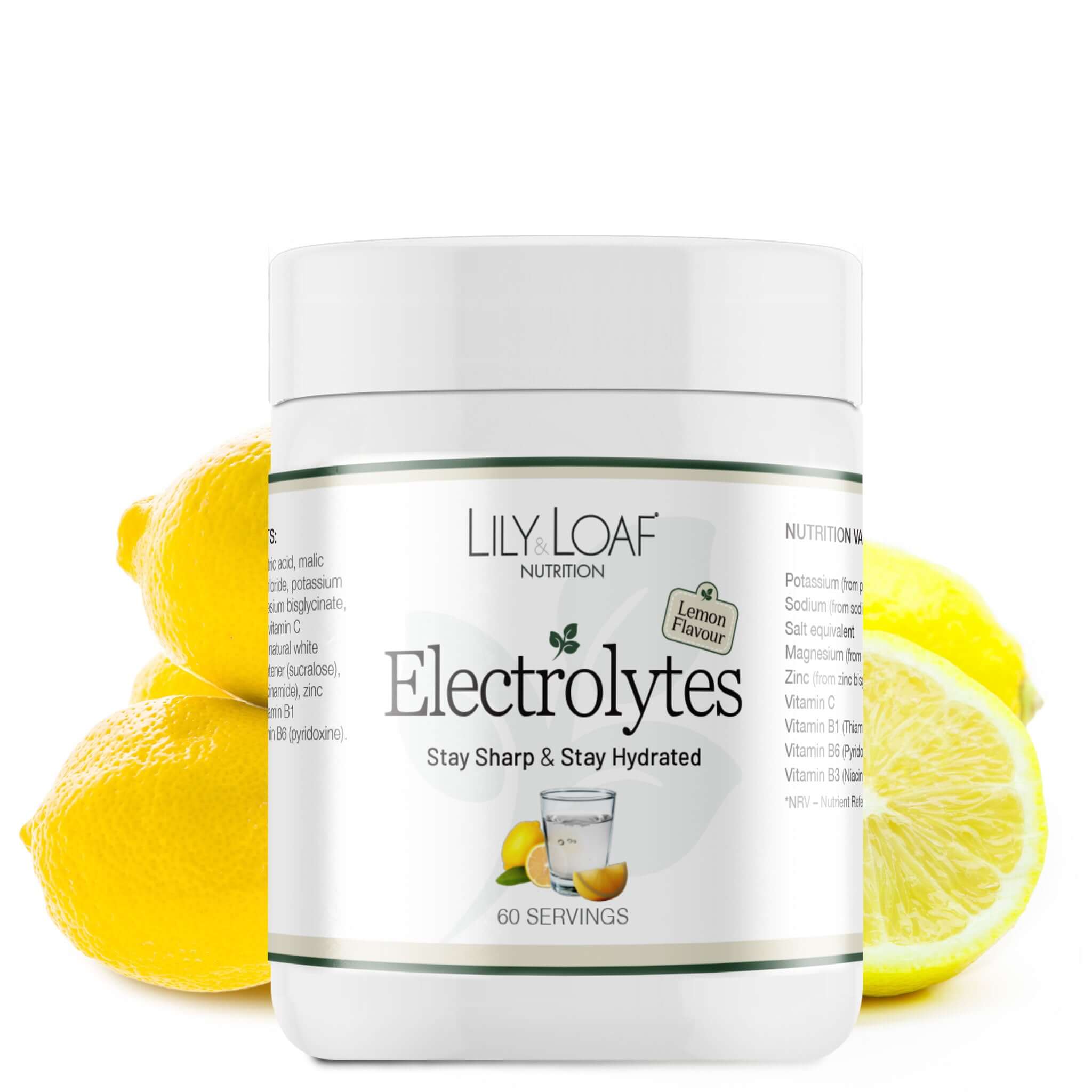 Lily & Loaf Electrolytes container with lemons on a white background