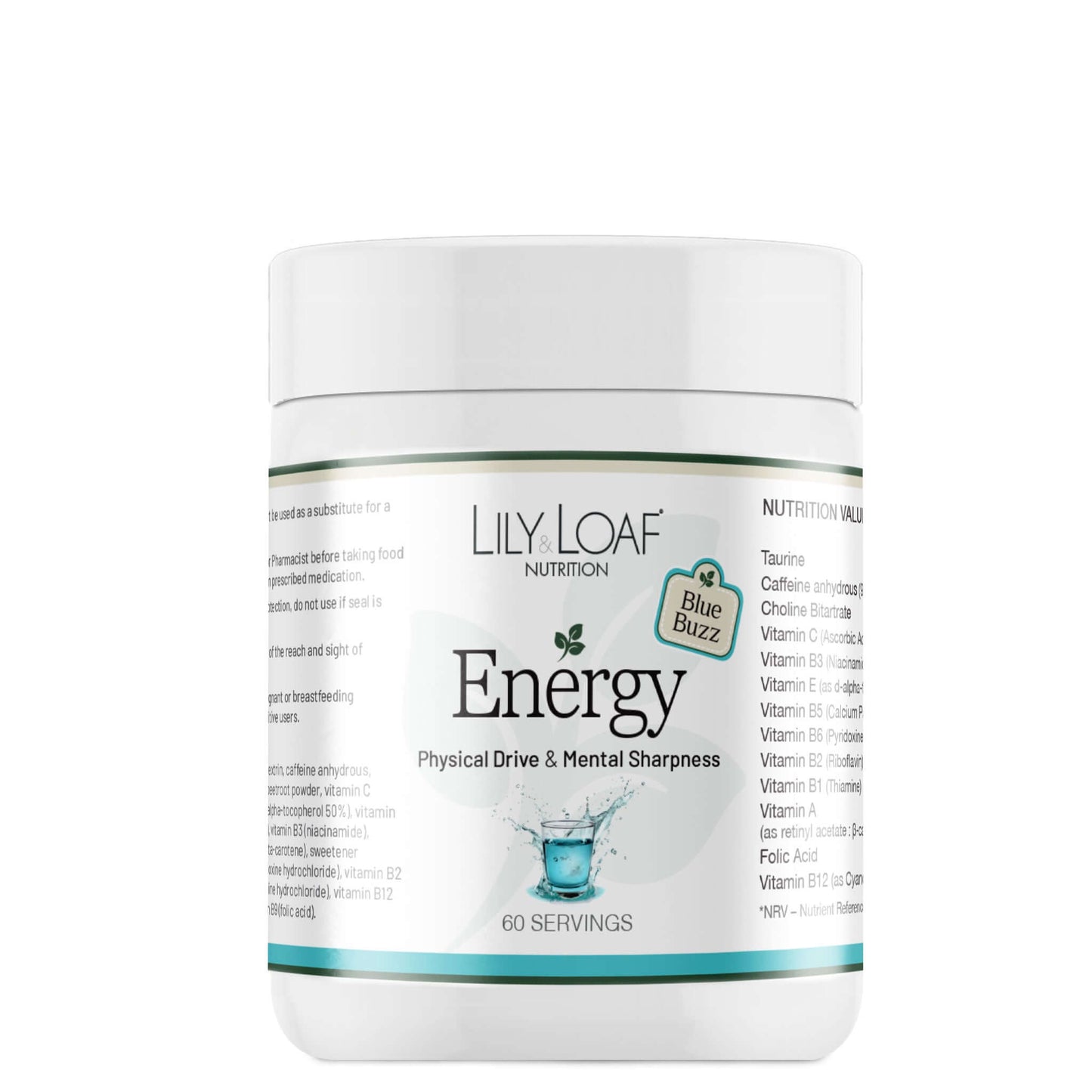 Lily & Loaf Energy powder supplement in Blue Buzz Flavour on a white background
