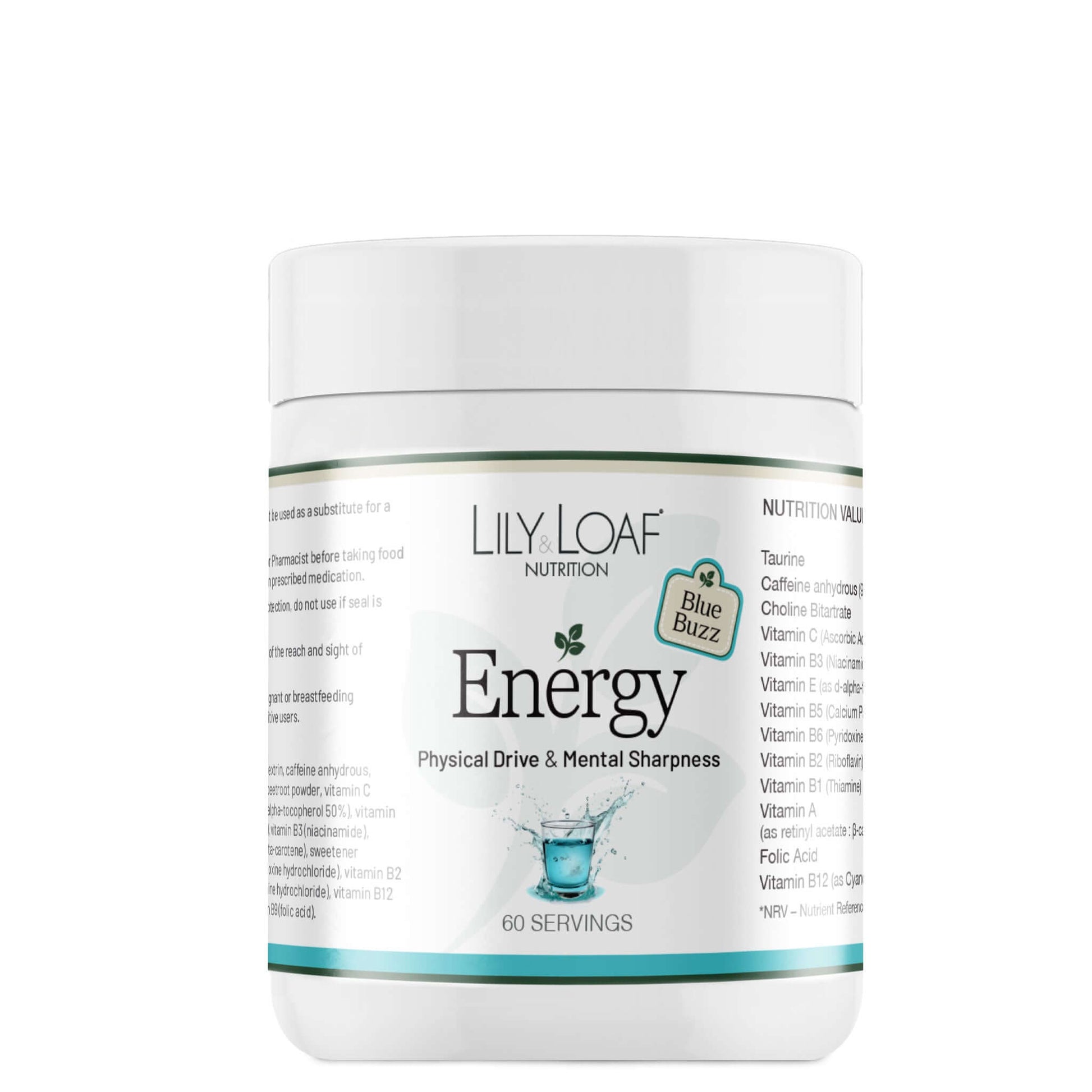 Lily & Loaf Energy powder supplement in Blue Buzz Flavour on a white background