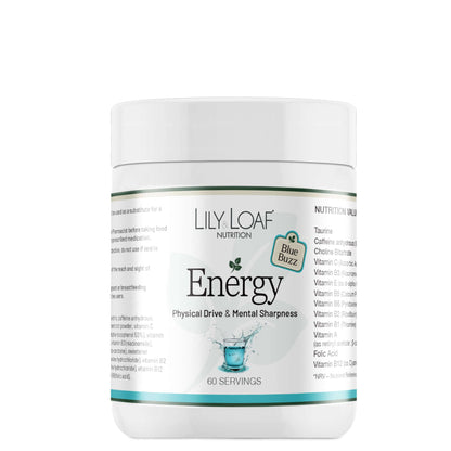 Lily & Loaf Energy powder supplement in Blue Buzz Flavour on a white background