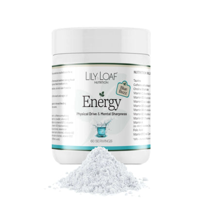 Lily & Loaf Energy Blue Buzz Flavour container with powder on a white background