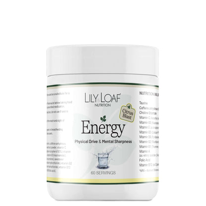Lily Loaf Energy powder supplement in Citrus Blast Flavour on a white background