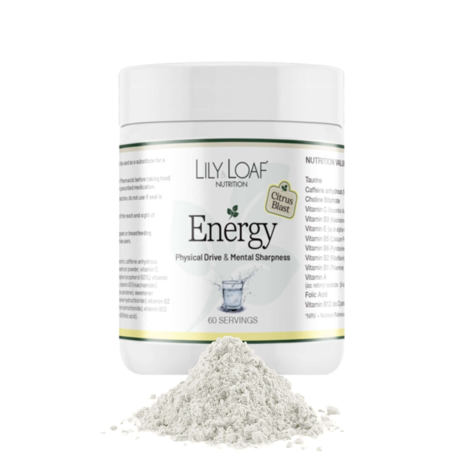 Lily & Loaf Energy Citrus Blast Flavour container with powder spilling out on a white background