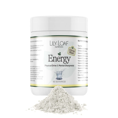 Lily & Loaf Energy Citrus Blast Flavour container with powder spilling out on a white background