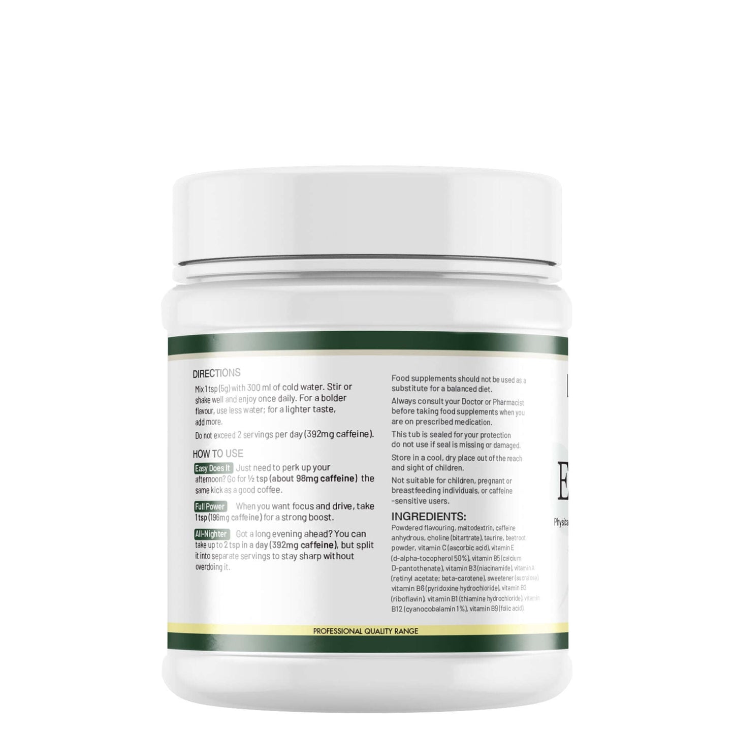 Lily & Loaf Energy Drink supplement container label with directions for use and ingredients.