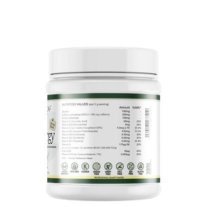 Lily & Loaf Energy Drink Supplement container nutrition label on a white background