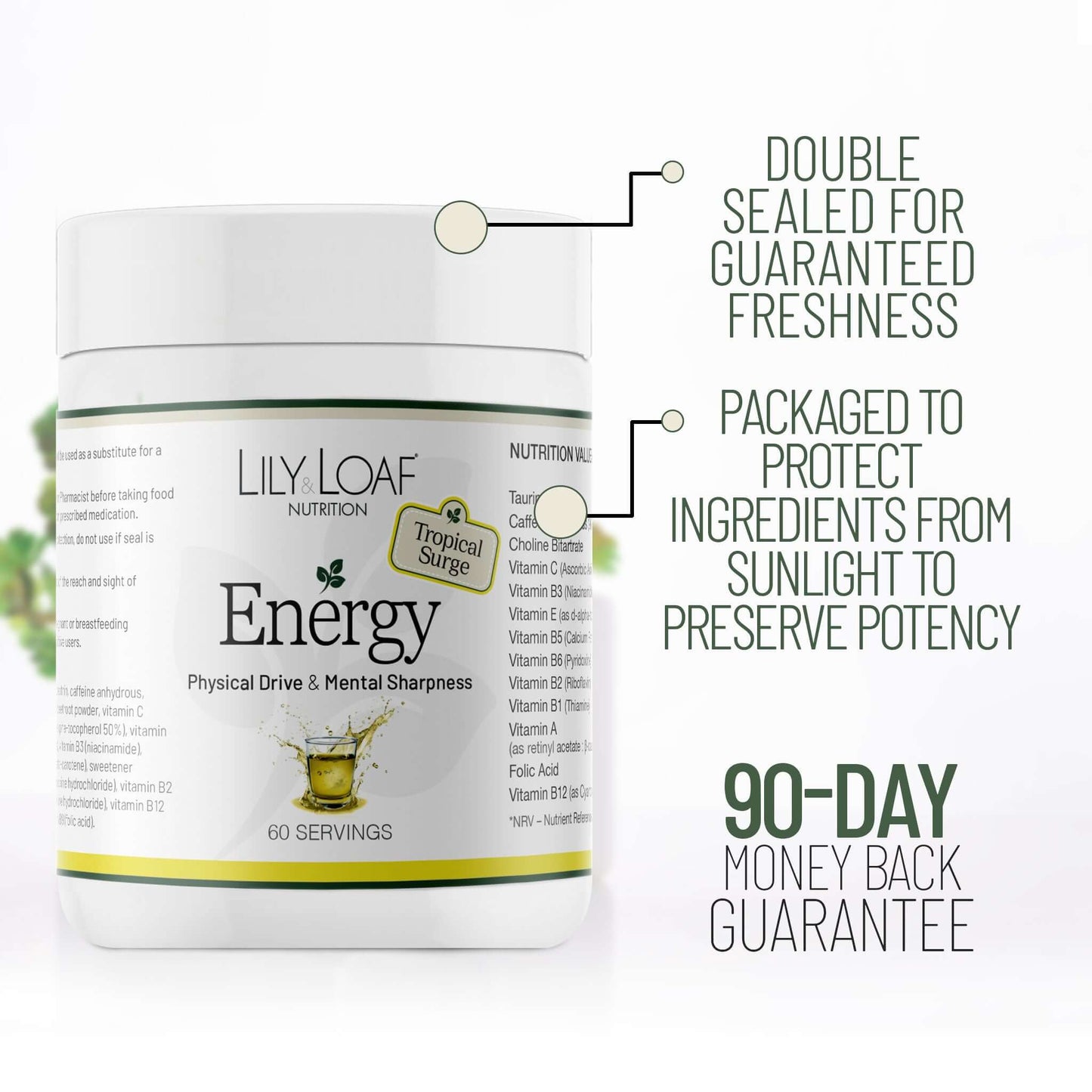 Lily & Loaf Energy supplement tub with freshness seal, sunlight protection packaging, and 90-day money-back guarantee