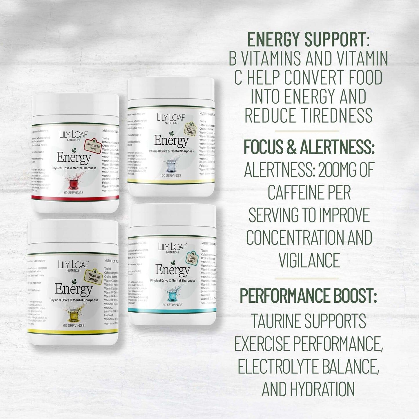 Lily & Loaf Energy supplement tubs in four flavours with benefits text highlighting energy support, focus and alertness, and performance boost.