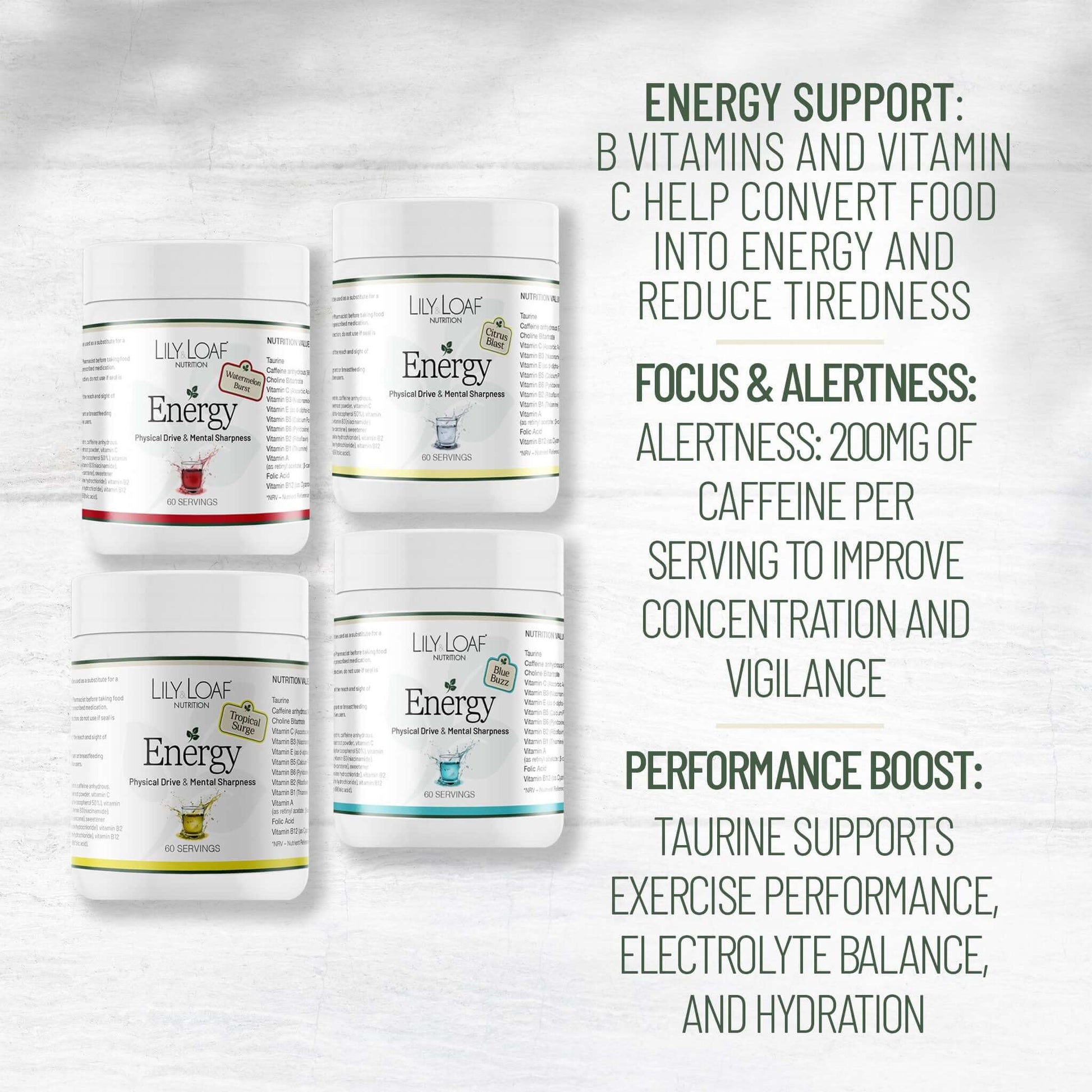 Lily & Loaf Energy supplement tubs in four flavours with benefits text highlighting energy support, focus and alertness, and performance boost.