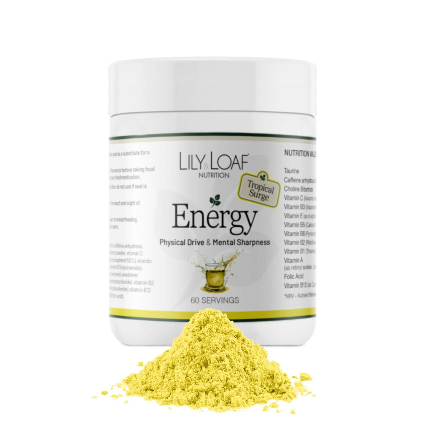 Lily & Loaf Energy Tropical Surge Flavour container with powder spilling out on a white background