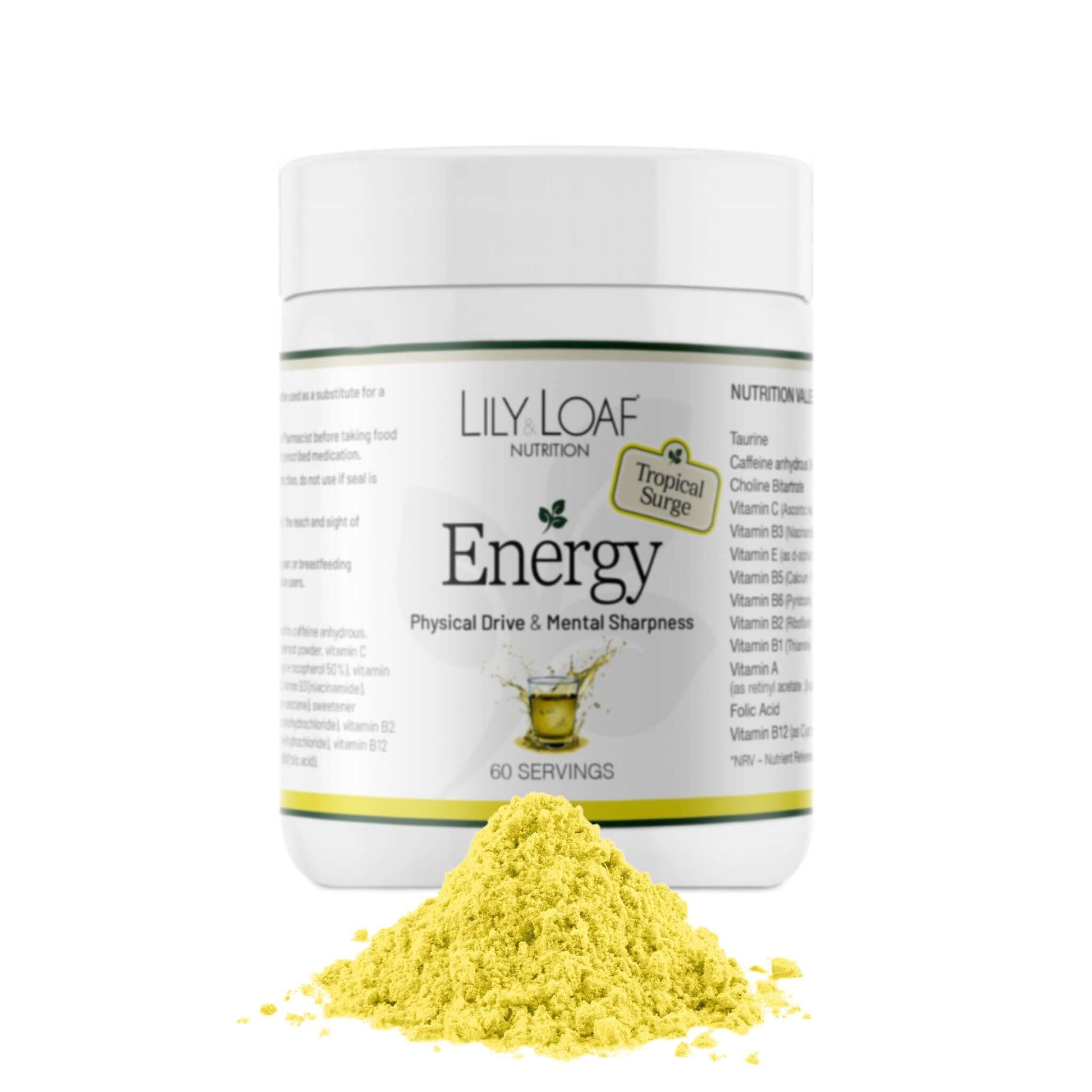 Lily & Loaf Energy Tropical Surge Flavour container with powder spilling out on a white background