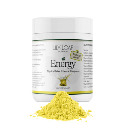 Lily & Loaf Energy Tropical Surge Flavour container with powder spilling out on a white background