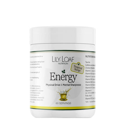 Lily Loaf Energy supplement Tropical Surge flavour container on a white background