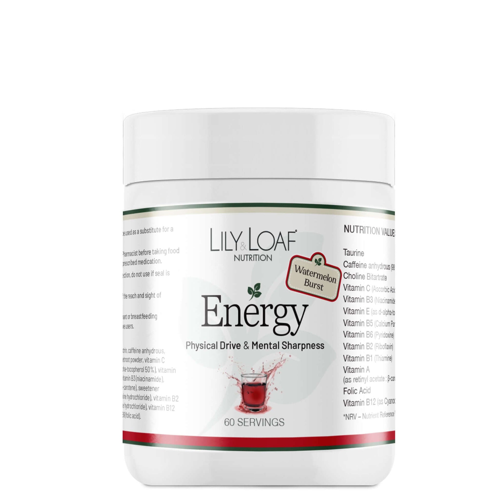 Lily& Loaf Energy powder supplement container Watermelon Burst flavour on a white background