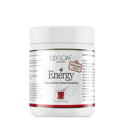 Lily& Loaf Energy powder supplement container Watermelon Burst flavour on a white background