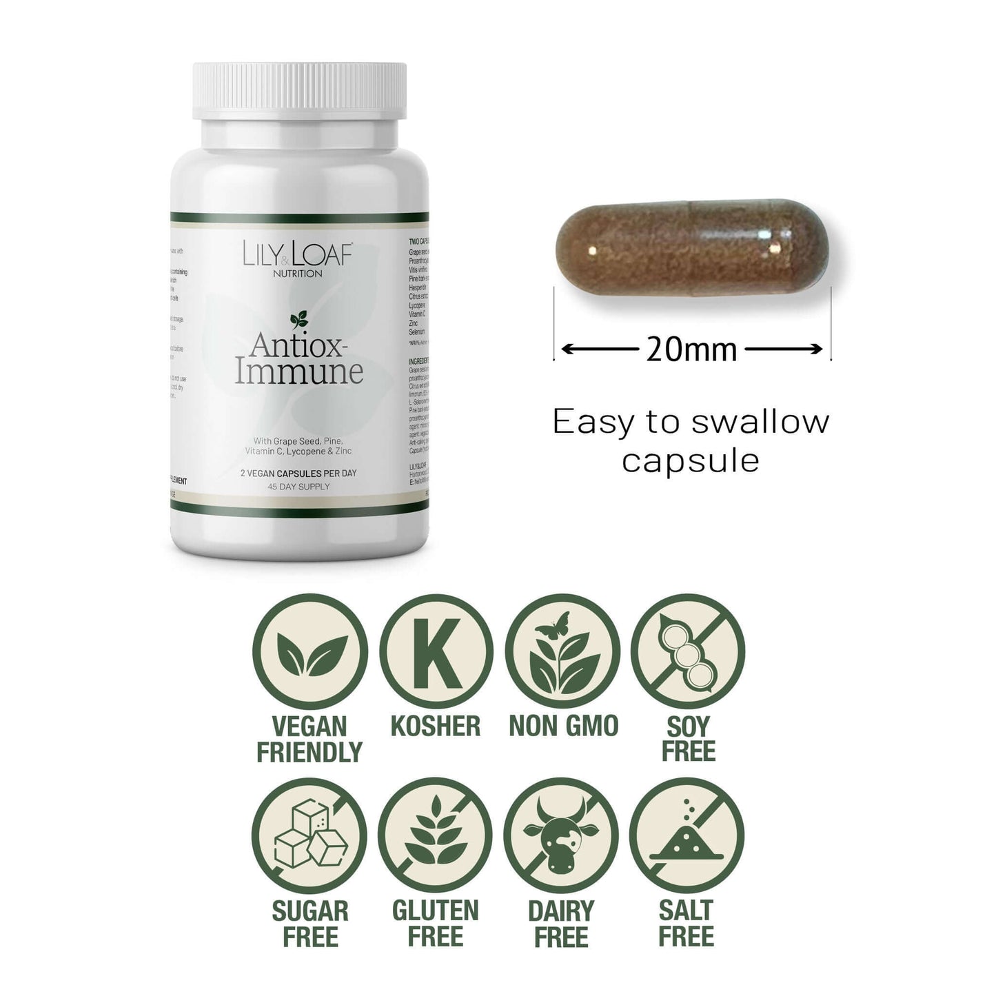 Antiox-Immune bottle with capsule size guide and icons showing vegan, kosher, non-GMO, soy-free, sugar-free, gluten-free, dairy-free and salt-free
