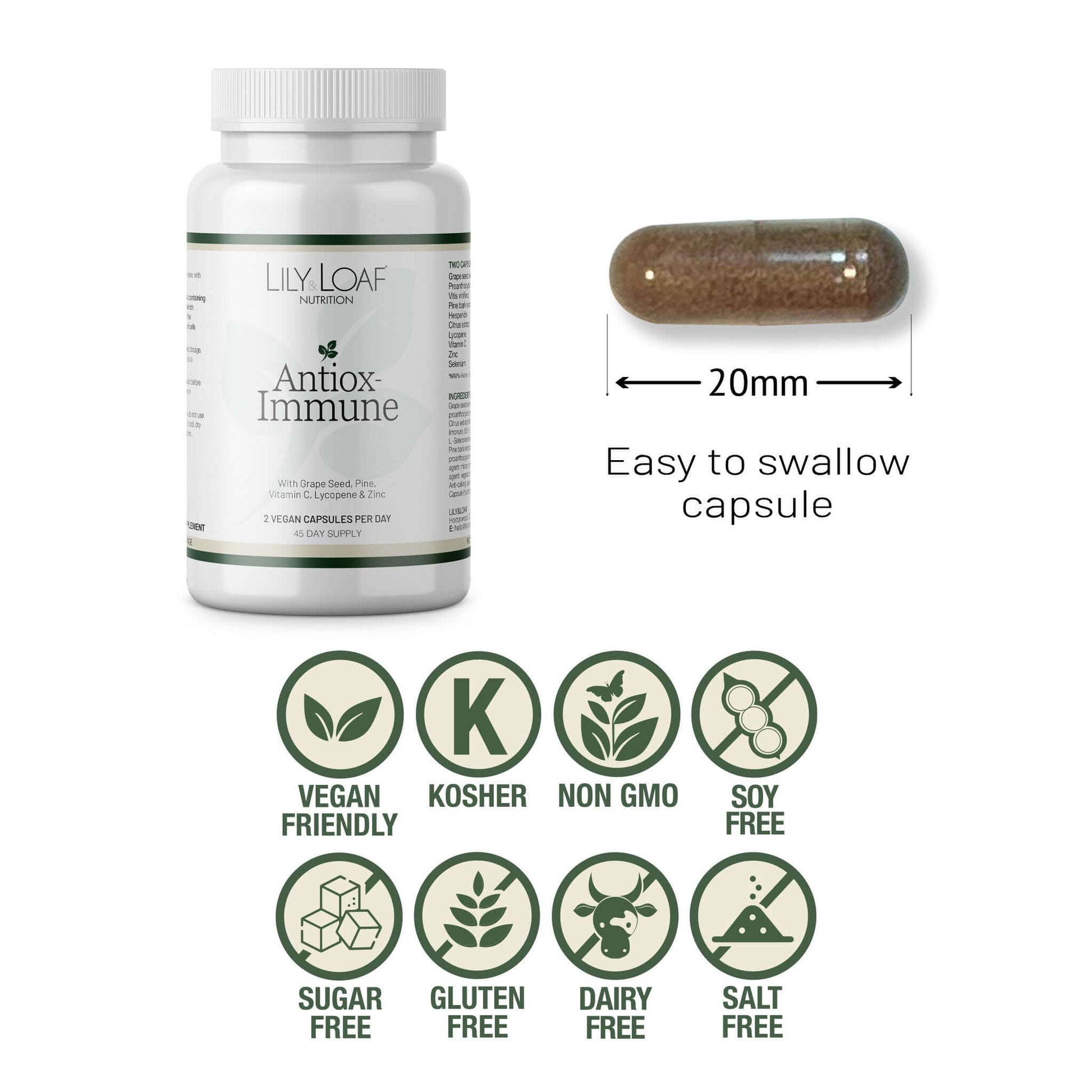 Antiox-Immune bottle with capsule size guide and icons showing vegan, kosher, non-GMO, soy-free, sugar-free, gluten-free, dairy-free and salt-free