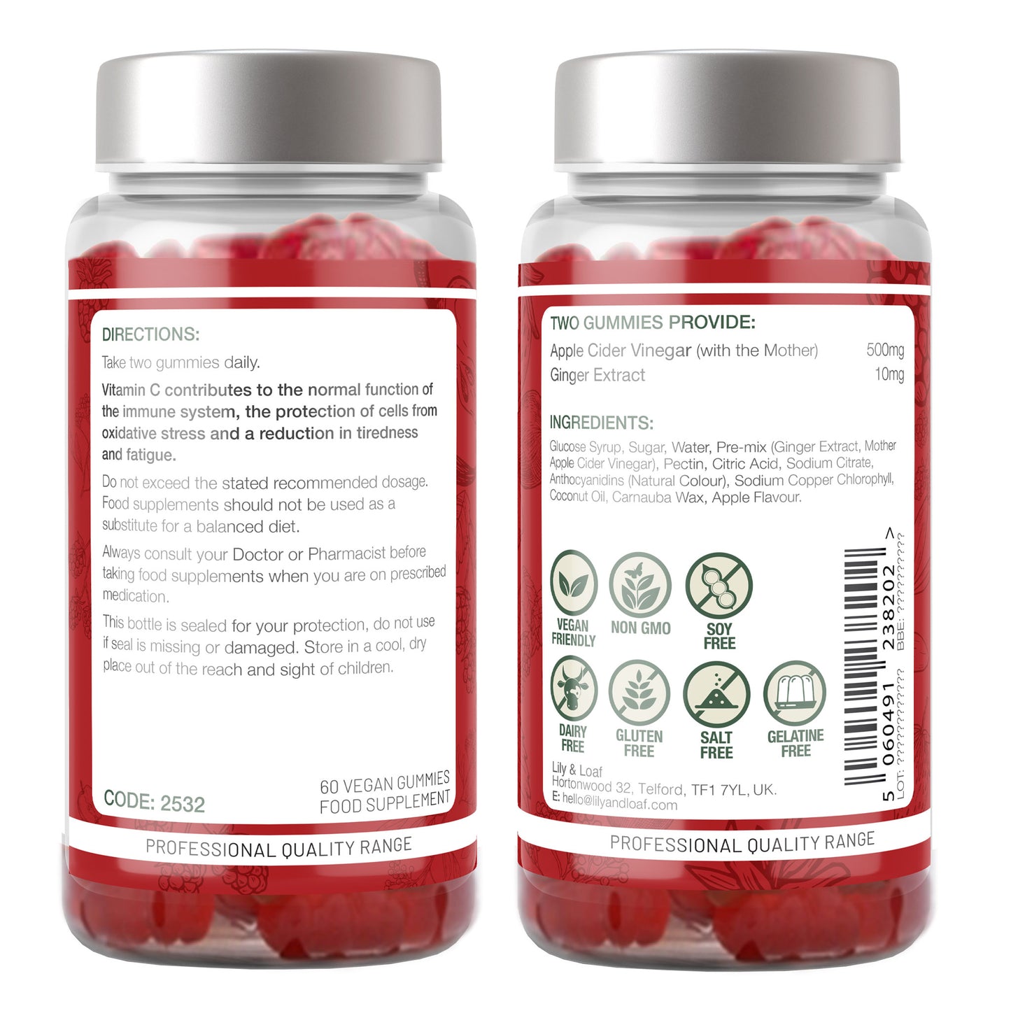 Lily & Loaf Apple Cider Vinegar gummies back label details showing directions for use, nutritional information and ingredients