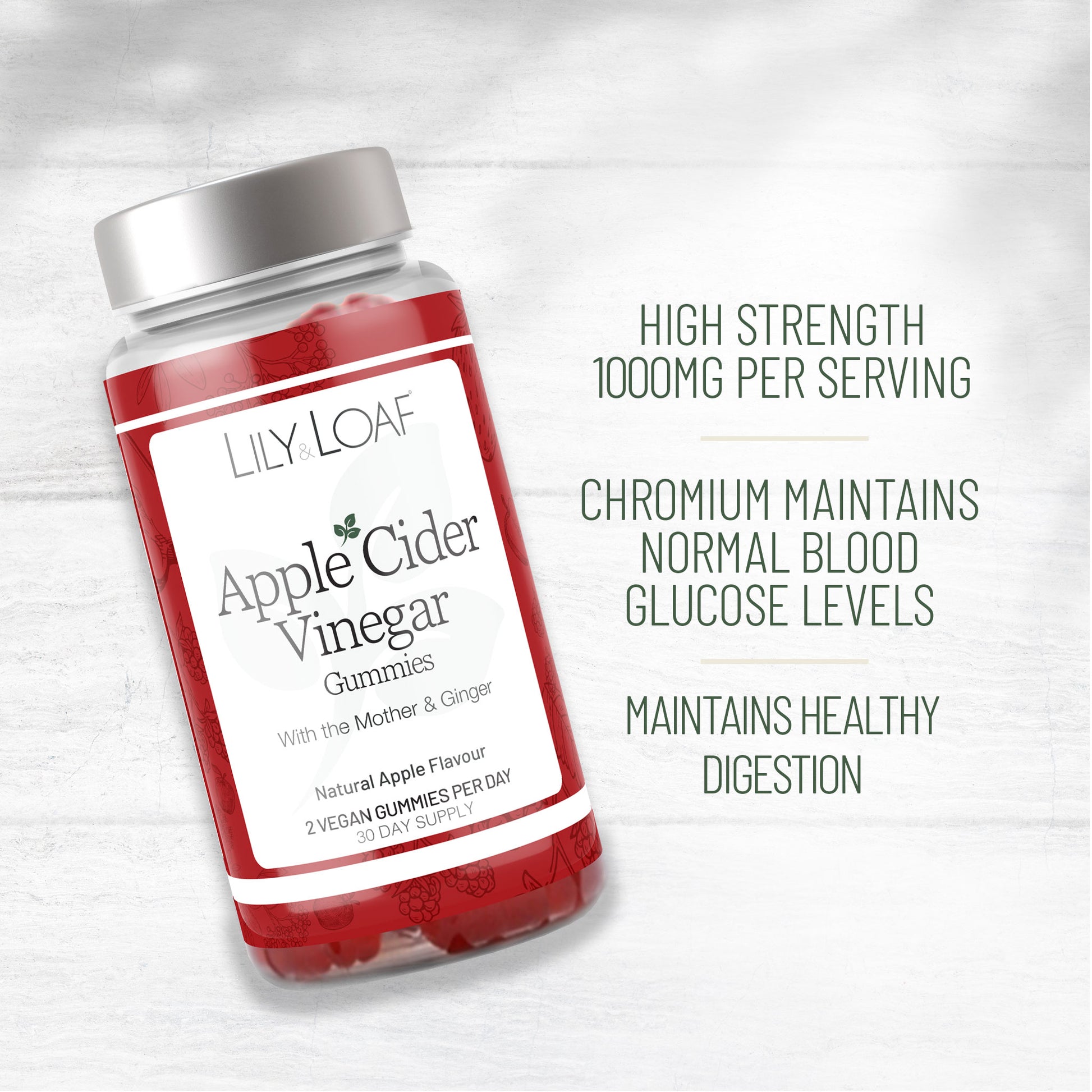 Lily & Loaf Apple Cider Vinegar Gummies with product fact information on a light grey background