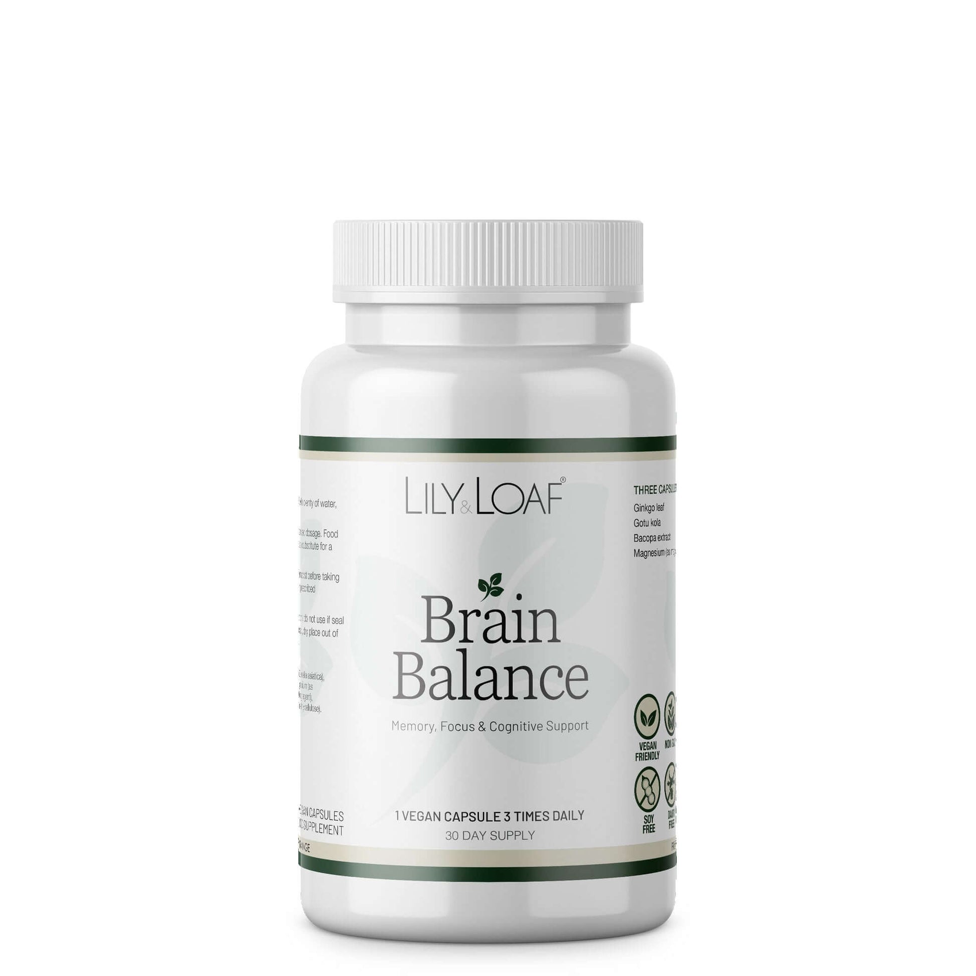 Bottle of Lily & Loaf Brain Balance supplement on a white background