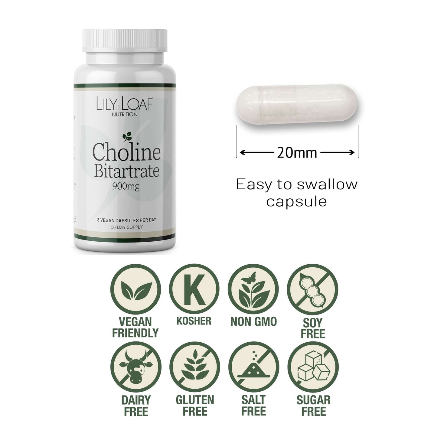 Lily & Loaf Choline Bitartrate 900mg bottle with 20mm capsule, vegan, kosher, non-GMO, soy, dairy, gluten, salt, and sugar free.