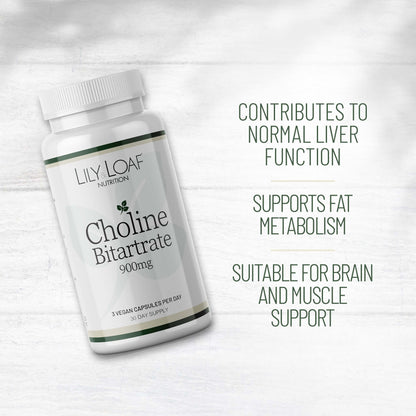 Lily & Loaf Choline Bitartrate 900mg bottle with text: supports liver function, fat metabolism, and brain and muscle support.