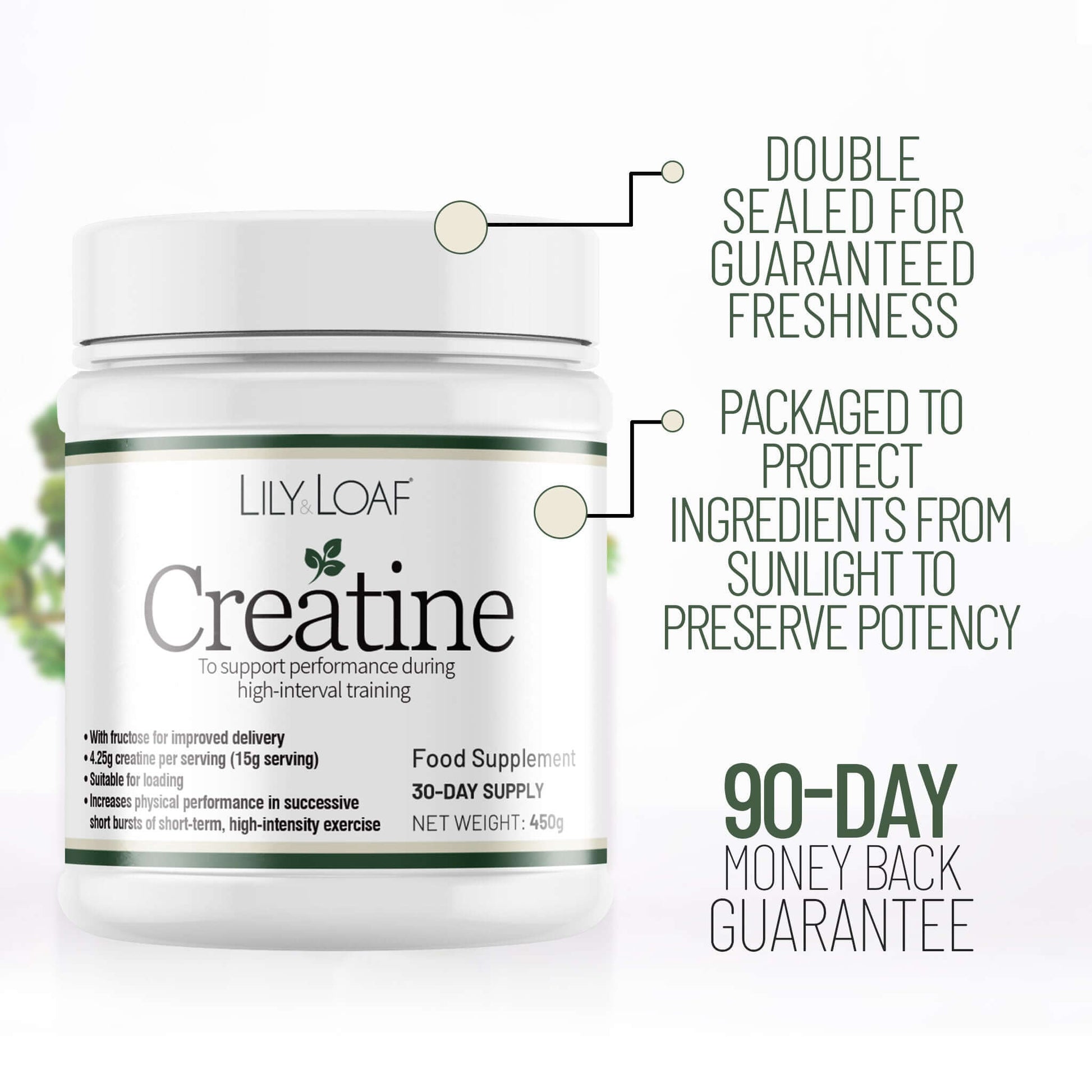 Lily & Loaf Creatine supplement container with product details on a white background