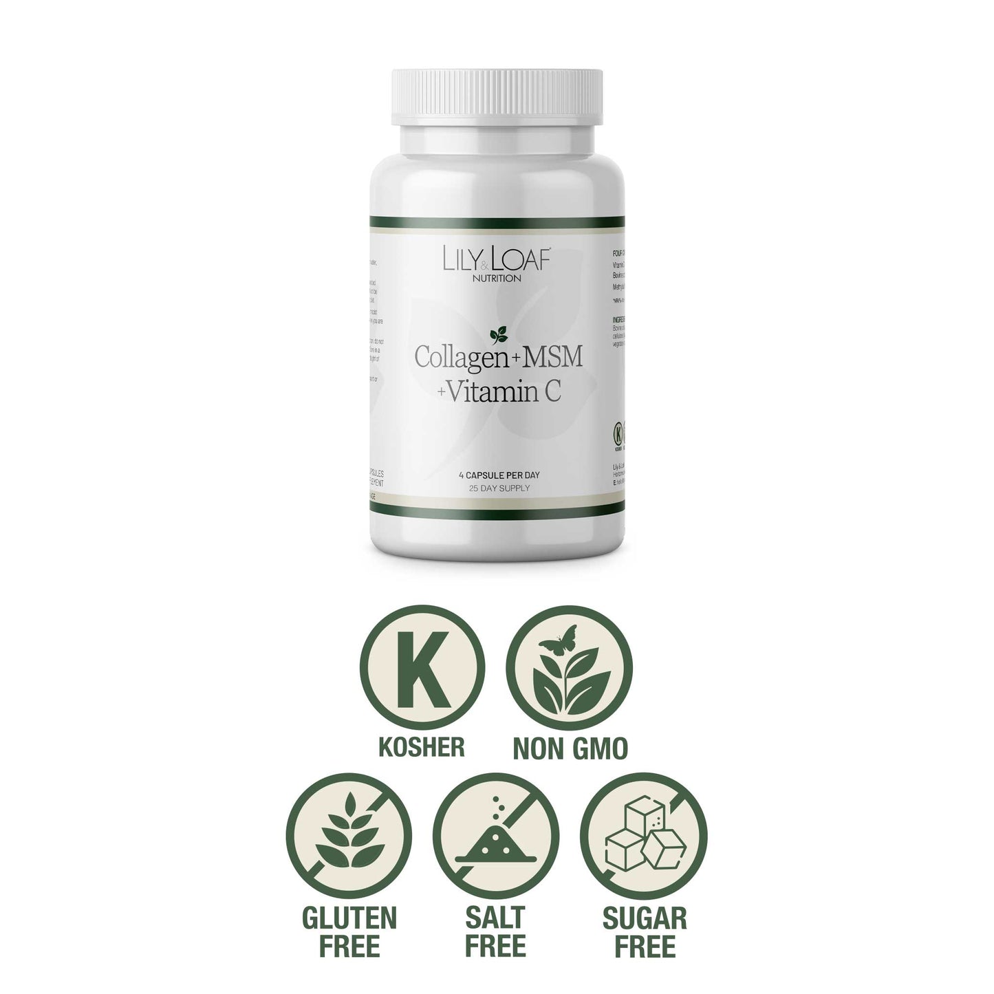 Bottle of Lily Loaf Collagen + MSM + Vitamin C supplement on a white background with certification icons below.