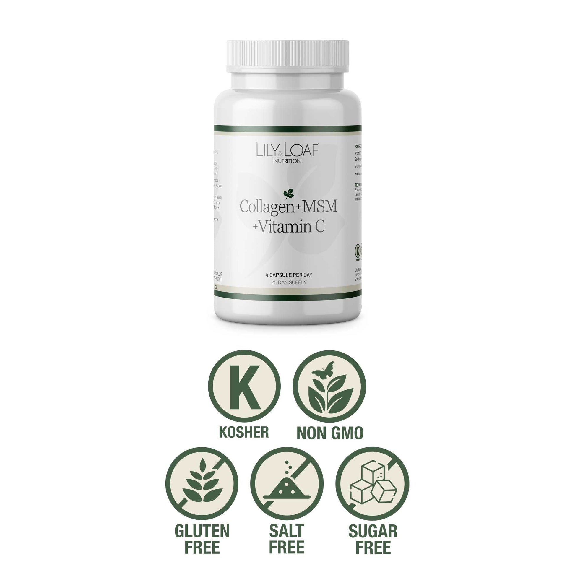 Bottle of Lily Loaf Collagen + MSM + Vitamin C supplement on a white background with certification icons below.