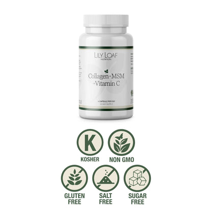 Bottle of Lily Loaf Collagen + MSM + Vitamin C supplement on a white background with certification icons below.