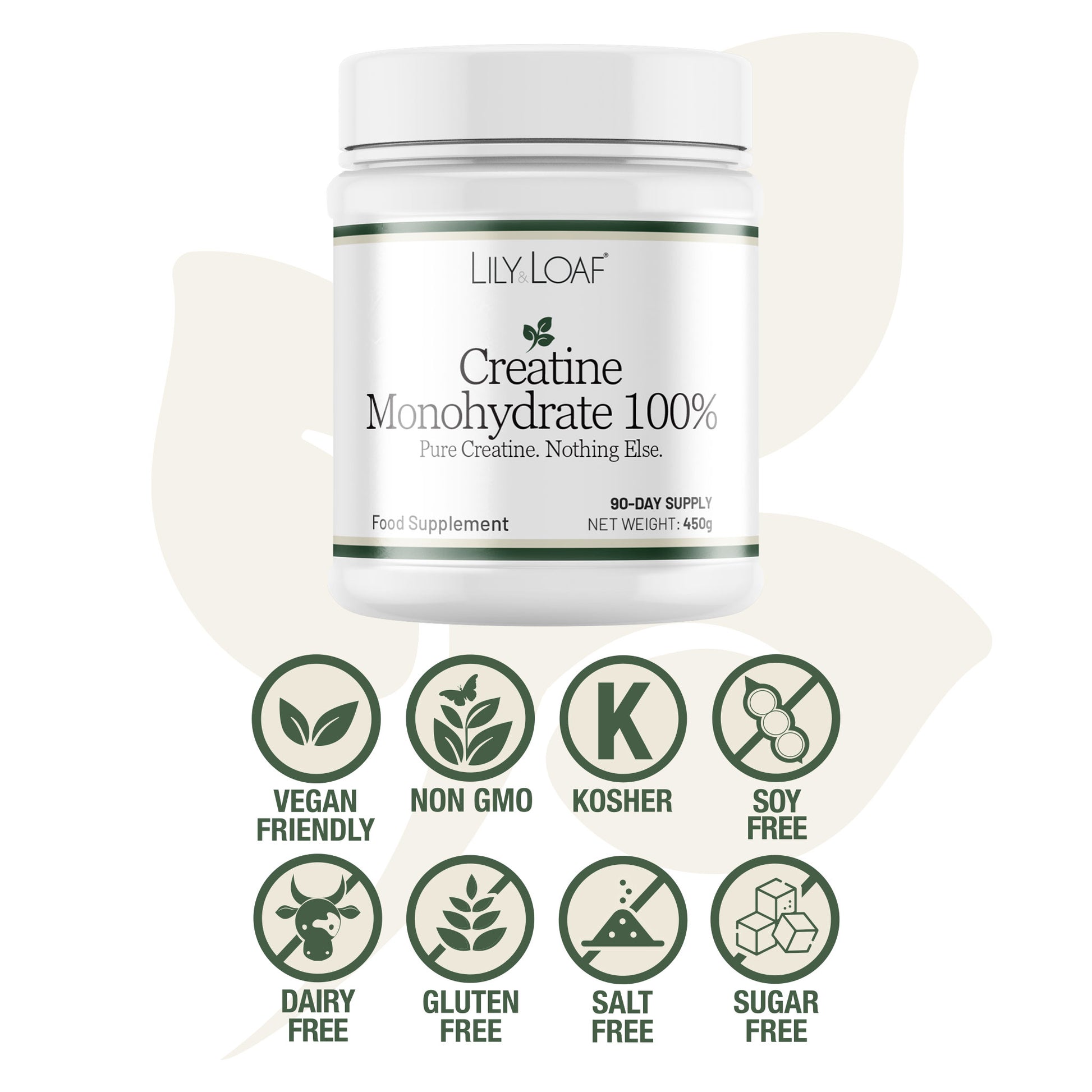 Lily & Loaf Creatine Monohydrate supplement container with certification icons on a white background
