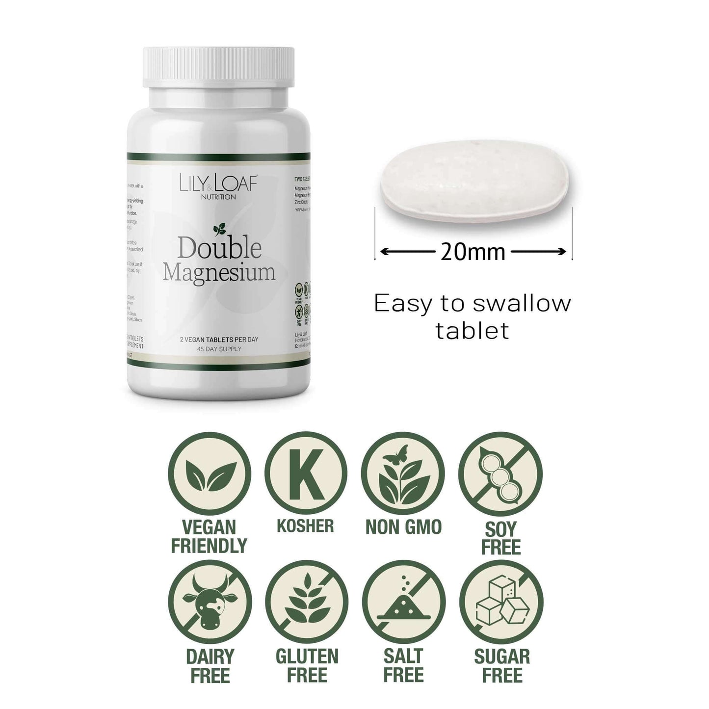 Lily & Loaf Double Magnesium bottle with 20mm tablet, vegan, kosher, non-GMO, soy, dairy, gluten, salt, and sugar free