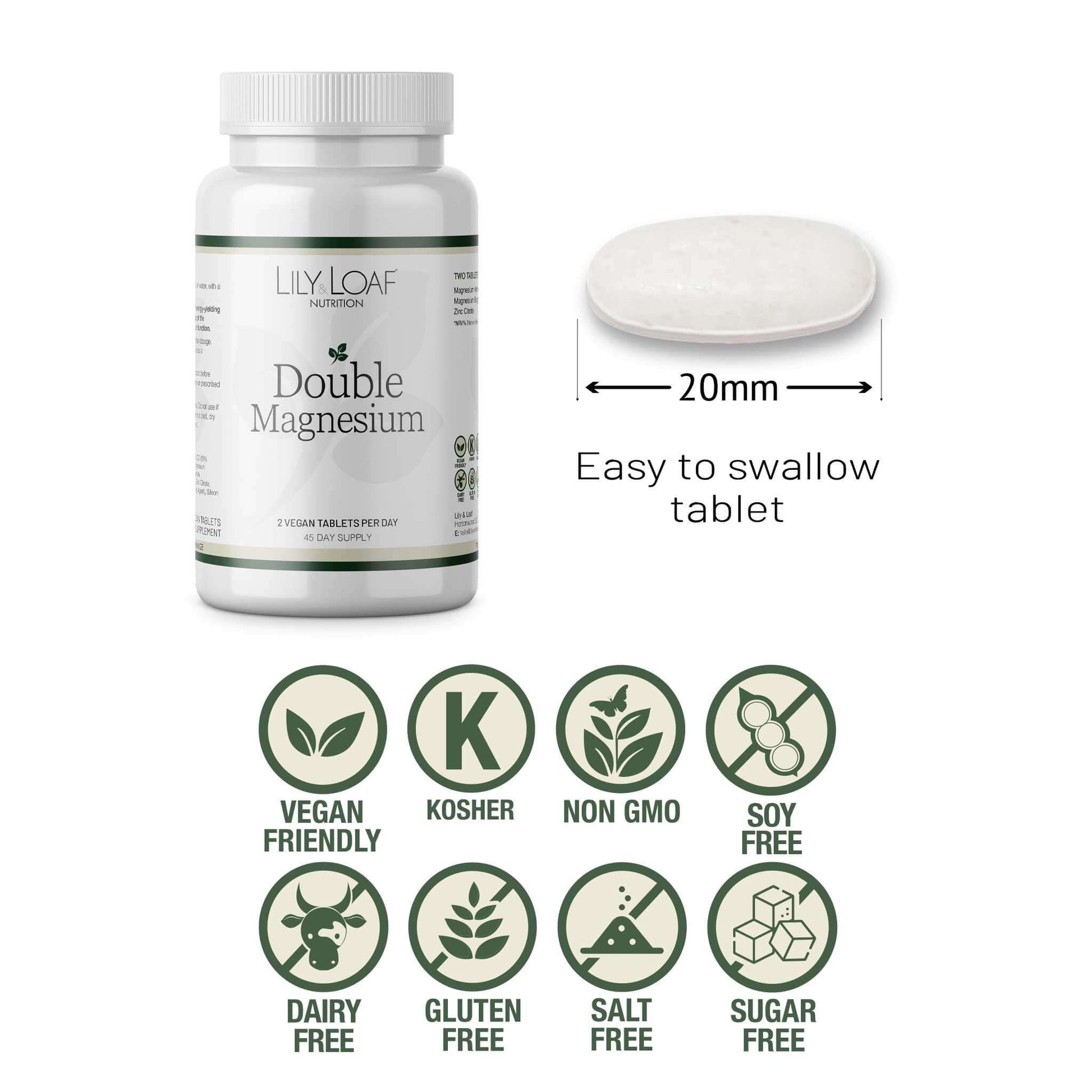 Lily & Loaf Double Magnesium bottle with 20mm tablet, vegan, kosher, non-GMO, soy, dairy, gluten, salt, and sugar free