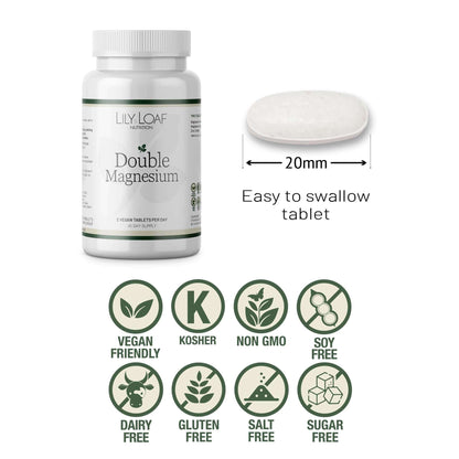 Lily & Loaf Double Magnesium bottle with 20mm tablet, vegan, kosher, non-GMO, soy, dairy, gluten, salt, and sugar free