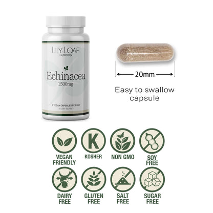 Lily & Loaf Echinacea 1500mg bottle with 20mm capsule, vegan, kosher, non-GMO, soy, dairy, gluten, salt, and sugar free