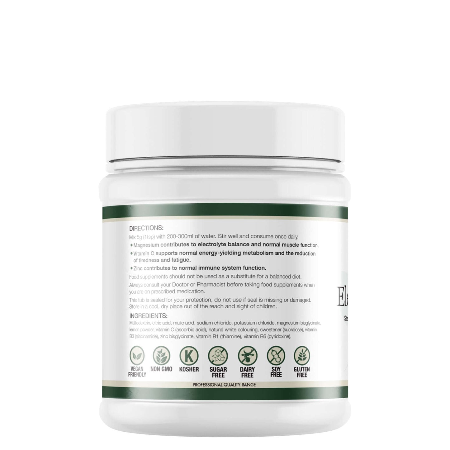 Back label of Lily & Loaf Electrolytes supplement tub showing directions for use, ingredients and free from allergen symbols