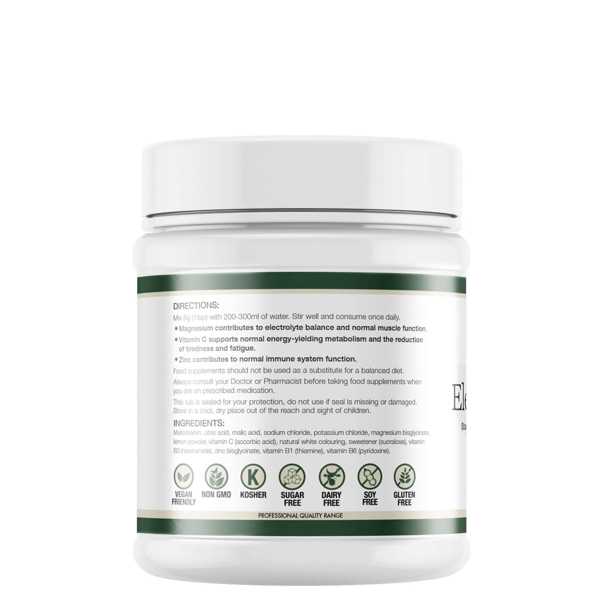 Back label of Lily & Loaf Electrolytes supplement tub showing directions for use, ingredients and free from allergen symbols