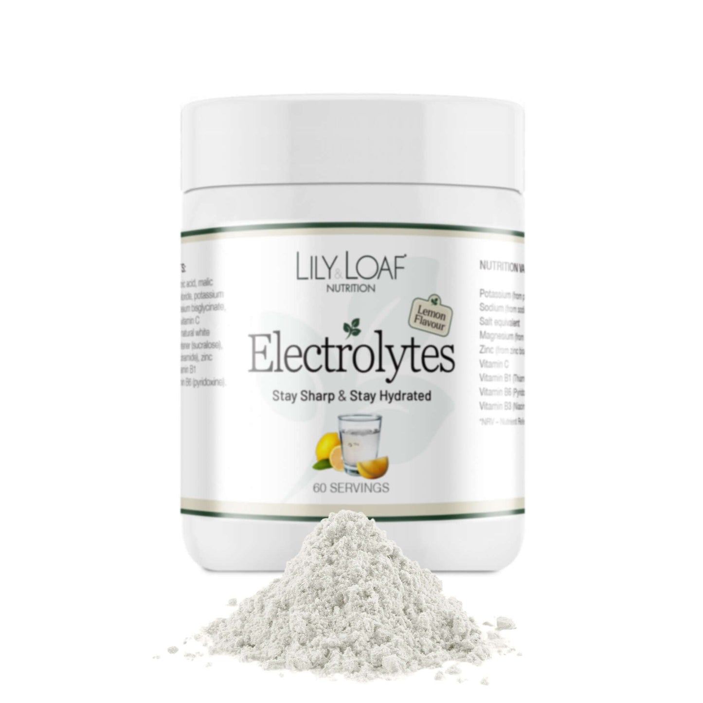 Lily & Loaf Electrolytes powder container with powder outside on a white background