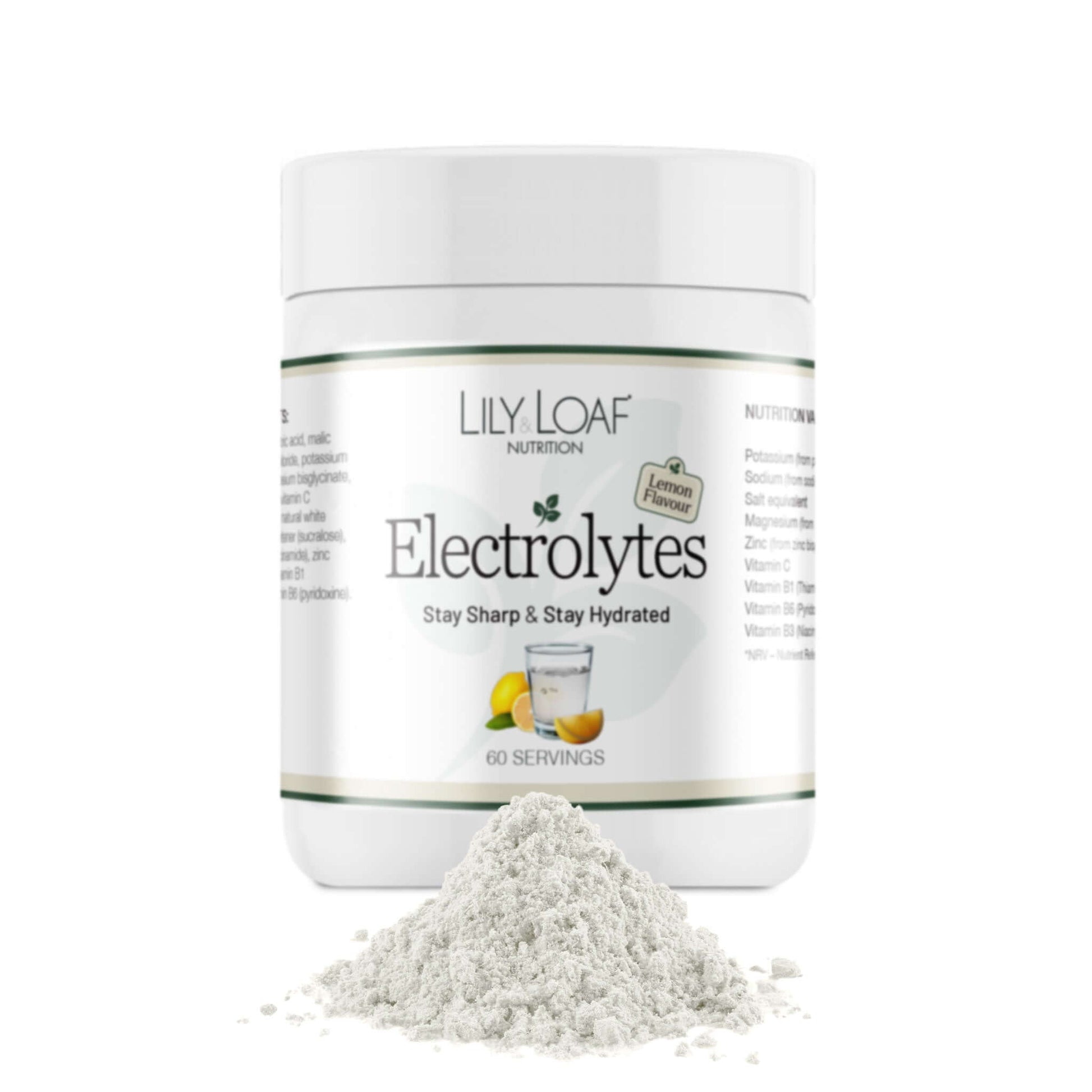 Lily & Loaf Electrolytes powder container with powder outside on a white background
