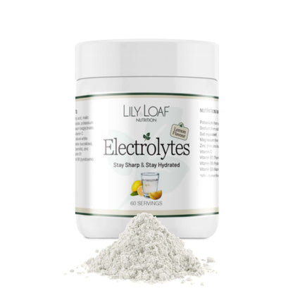 Lily & Loaf Electrolytes powder container with powder outside on a white background