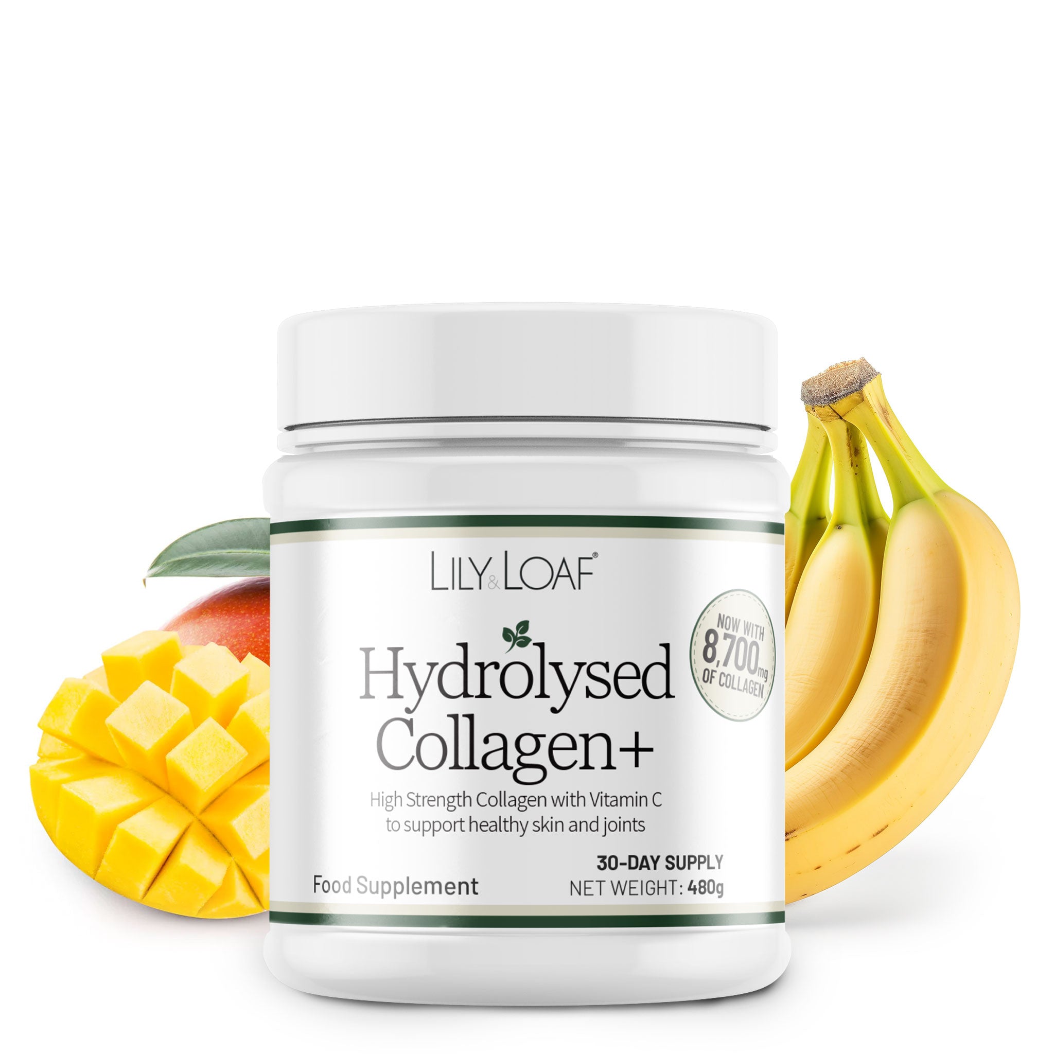 Lily Loaf Hydrolysed Collagen+ supplement jar with mango and banana on a white background