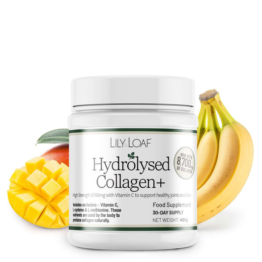 Lily Loaf Hydrolysed Collagen+ supplement jar with mango and banana on a white background