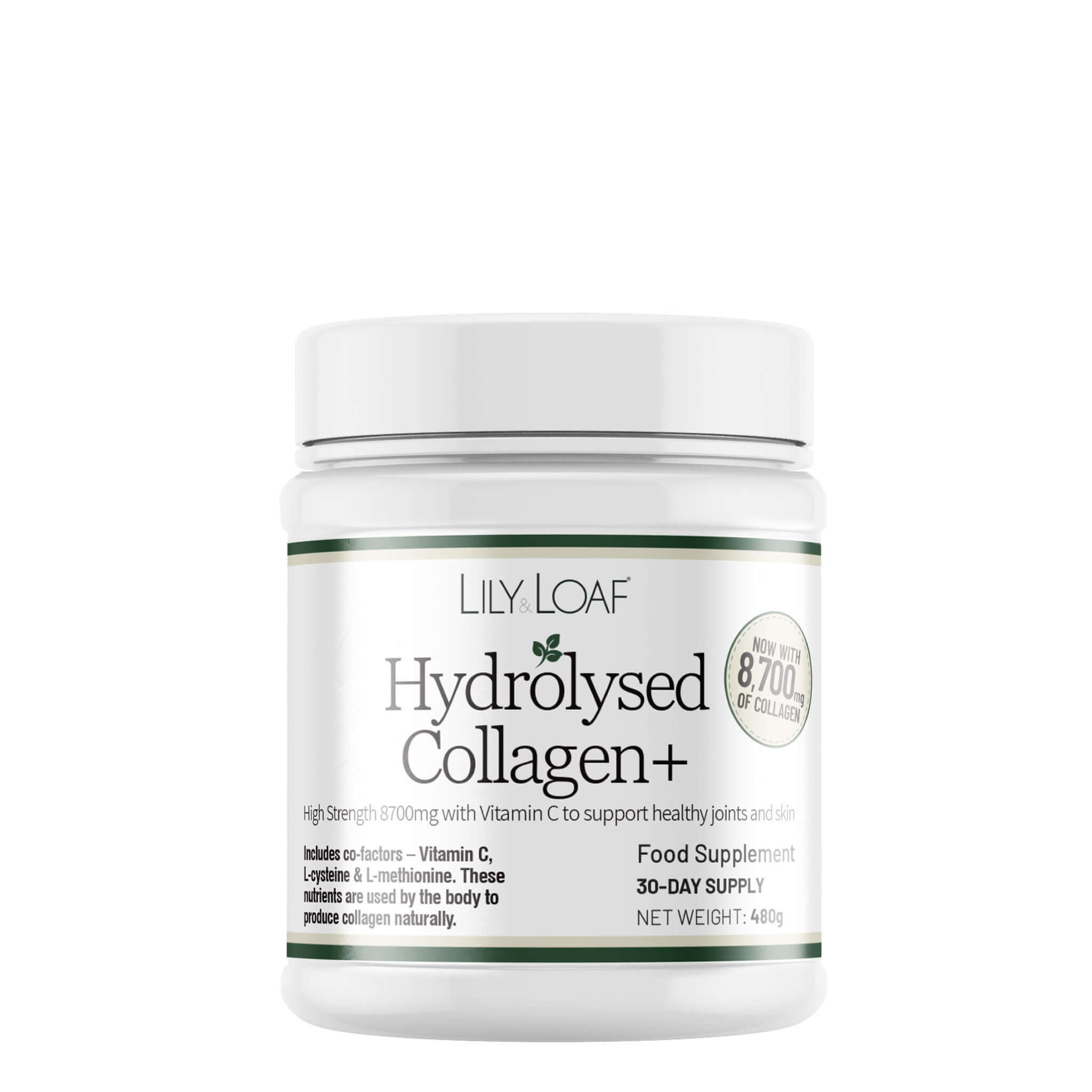 Lily & Loaf Hydrolysed Collagen+ supplement container on a white background